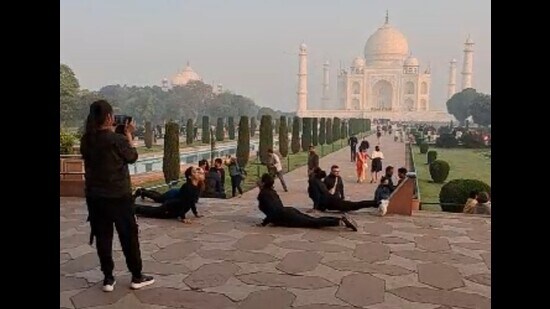 Women performing Yoga at Taj Mahal on Sunday. (Ranvijay Singh/HH)