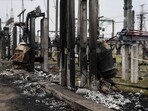 A view shows a high-voltage substation of Ukrenergo damaged by a Russian air strike in an undisclosed location in central Ukraine
