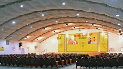 Bhopal, Dec 10 (ANI): Preparations underway ahead of the Madhya Pradesh BJP legislature party meeting to nominate new Chief Minister of the state, at BJP headquarters in Bhopal on Sunday. Bhopal, Dec 10 (ANI): Preparations underway ahead of the Madhya Pradesh BJP legislature party meeting to nominate new Chief Minister of the state, at BJP headquarters in Bhopal on Sunday.