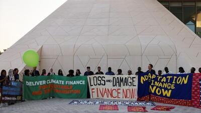 Activists attend a protest at the United Nations Climate Change Conference COP28 in Dubai, United Arab Emirates, on Monday. (REUTERS) Activists attend a protest at the United Nations Climate Change Conference COP28 in Dubai, United Arab Emirates, on Monday. (REUTERS)