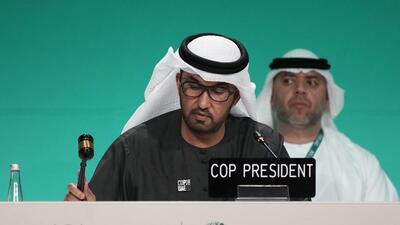 COP28 President Sultan Al-Jaber bangs the gavel during a stocktaking plenary session at the COP28 UN Climate Summit, in Dubai, United Arab Emirates, on Monday. (AP) COP28 President Sultan Al-Jaber bangs the gavel during a stocktaking plenary session at the COP28 UN Climate Summit, in Dubai, United Arab Emirates, on Monday. (AP)