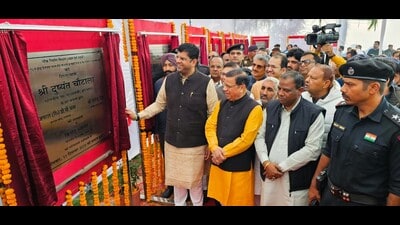 Deputy CM Dushyant Chautala lays foundation stone of a project in Hisar on Monday. (HT Photo)