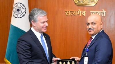 FBI director Christopher Wray with CBI chief Praveen Sood during a meeting in New Delhi (HT Photo)