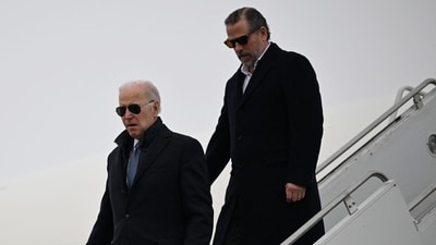 US President Joe Biden, with son Hunter Biden, arrives at Hancock Field Air National Guard Base in Syracuse, New York, on February 4, 2023. (AFP) US President Joe Biden, with son Hunter Biden, arrives at Hancock Field Air National Guard Base in Syracuse, New York, on February 4, 2023. (AFP)