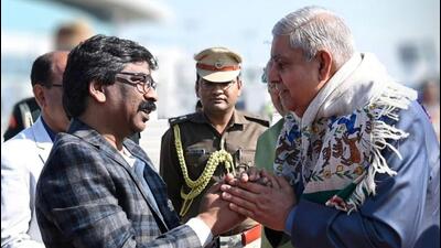 Jharkhand Chief Minister Hemant Soren welcomes Vice President Jagdeep Dhankhar upon his arrival in Ranchi on Sunday. (PTI) Jharkhand Chief Minister Hemant Soren welcomes Vice President Jagdeep Dhankhar upon his arrival in Ranchi on Sunday. (PTI)