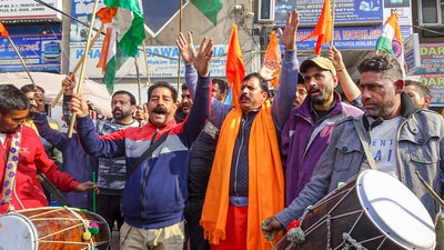 Members of Rashtriya Bajrang Dal after the Supreme Court's verdict upholding the Centre's decision to abrogate Article 370 of the Constitution in Jammu. (PTI) Members of Rashtriya Bajrang Dal after the Supreme Court's verdict upholding the Centre's decision to abrogate Article 370 of the Constitution in Jammu. (PTI)