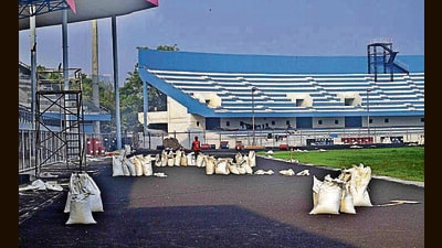 Work underway at the Guru Nanak Stadium, Ludhiana. (Gurpreet Singh/HT)