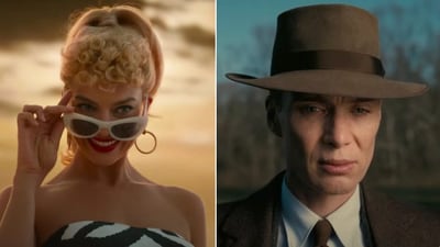 Margot Robbie in Barbie (left) and Cillian Murphy in a still from Oppenheimer. Margot Robbie in Barbie (left) and Cillian Murphy in a still from Oppenheimer.