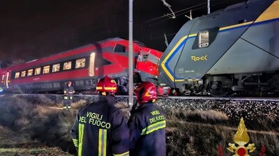 Photos published by firefighters showed the two trains had crashed head-on, but the front of the regional train was still intact.