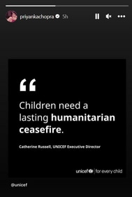 Priyanka Chopra supports 'lasting humanitarian ceasefire' for children in Palestine. Priyanka Chopra supports 'lasting humanitarian ceasefire' for children in Palestine.