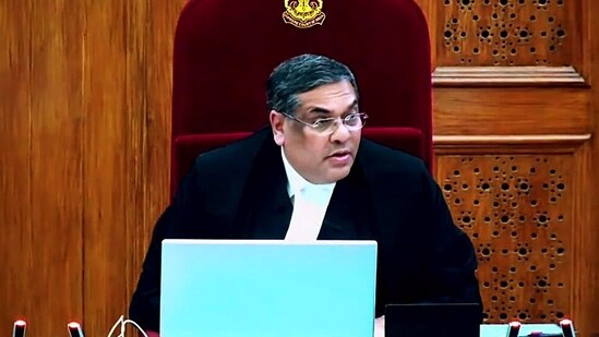 Supreme Court Justice Sanjiv Khanna speaks during the judgement on a batch of petitions challenging the abrogation of Article 370 and the bifurcation of the erstwhile state of Jammu and Kashmir into two Union territories in New Delhi.(ANI)