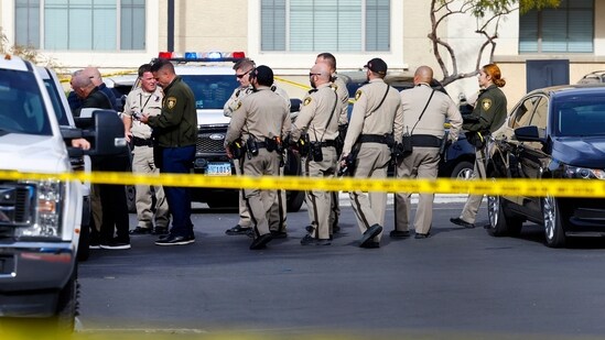 Las Vegas police investigate the scene of a shooting at a northwest valley apartment complex, Monday. (AP)