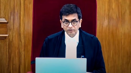 Chief Justice of India DY Chandrachud during pronouncement of verdict on a batch of petitions challenging the abrogation of Article 370 of the Constitution. (PTI)