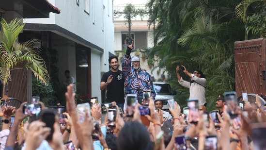 Amitabh Bachchan with grandson Agastya Nanda in Mumbai on Sunday.