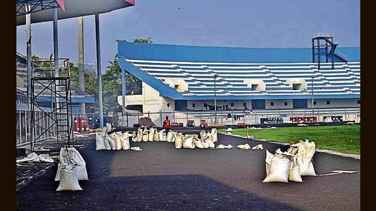 Work underway at the Guru Nanak Stadium, Ludhiana. (Gurpreet Singh/HT)