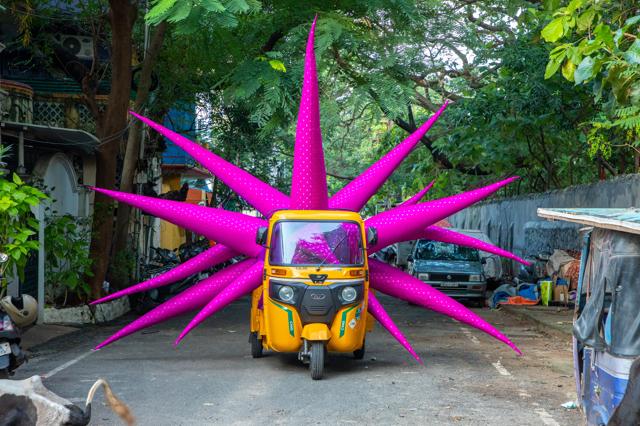 “The auto installation is located on a street at Shiv Nadar school in Chennai; an auto has to live on the street. It’s a piece that lives for itself... it’s not a glamorous street but one where people live and work; there is nothing amazing about it. There’s no grand architecture. It’s really ordinary because the auto is ordinary. In the end, what art does is take the ordinary and make it extraordinary.” (Courtesy Madras Art Weekend)