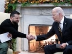 US President Joe Biden, right, and Volodymyr Zelenskiy, Ukraine's president, shake hands while meeting in the Oval Office of the White House. (Bloomberg) US President Joe Biden, right, and Volodymyr Zelenskiy, Ukraine's president, shake hands while meeting in the Oval Office of the White House. (Bloomberg)