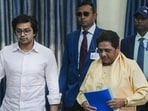 Mayawati arrives for the BSP meeting with her nephew Akash Anand at the party office in Lucknow on Sunday. (PTI)