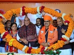 Jaipur: Defence minister and BJP central observer for Rajasthan's Rajnath Singh, Rajasthan BJP president CP Joshi, former Rajasthan CM Vasundhara Raje and newly elected Rajasthan chief minister-designate Bhajan Lal Sharma being garlanded during BJP Legislature Party meeting.