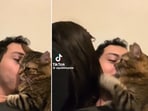 The image shows a cat sitting beside its pet dad. 