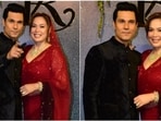 Randeep Hooda and his wife Lin Laishram pose at their star-studded wedding reception. Randeep Hooda and his wife Lin Laishram pose at their star-studded wedding reception.