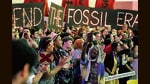 People during a protest at the COP28 summit in Dubai on Tuesday. (AP)