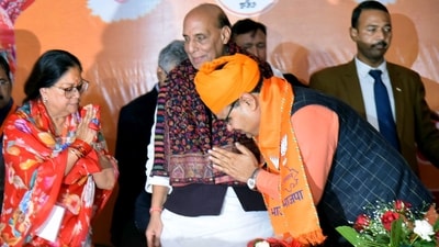 Bharatiya Janata Party (BJP) MLA Bhajan Lal Sharma exchanges greetings with party National Vice President Vasundhara Raje. Bharatiya Janata Party (BJP) MLA Bhajan Lal Sharma exchanges greetings with party National Vice President Vasundhara Raje.