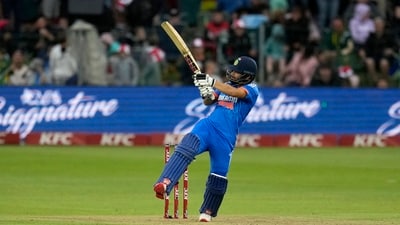Rinku eventually crossed his first T20I half-century but India's finish was dented somewhat by Gerald Coetzee taking two back to back wickets in the last over. (AP) Rinku eventually crossed his first T20I half-century but India's finish was dented somewhat by Gerald Coetzee taking two back to back wickets in the last over. (AP)