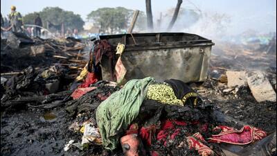 Besides the goats, seven shanties were gutted in the fire that started on Tuesday afternoon, the fire department said. (Sunil Ghosh/HT Photo) Besides the goats, seven shanties were gutted in the fire that started on Tuesday afternoon, the fire department said. (Sunil Ghosh/HT Photo)