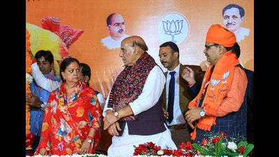 Defence minister Rajnath Singh, former Rajasthan CM Vasundhara Raje and newly-elected Rajasthan CM Bhajan Lal Sharma in Jaipur. (PTI) Defence minister Rajnath Singh, former Rajasthan CM Vasundhara Raje and newly-elected Rajasthan CM Bhajan Lal Sharma in Jaipur. (PTI)
