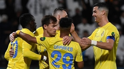 Cristiano Ronaldo celebrates with his teammates during the King Cup quarter-final match (AFP) Cristiano Ronaldo celebrates with his teammates during the King Cup quarter-final match (AFP)