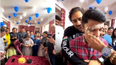 Snapshot of MS Dhoni holding the man. (Instagram/@ Sumeet Kumar Bajaj) Snapshot of MS Dhoni holding the man. (Instagram/@ Sumeet Kumar Bajaj)