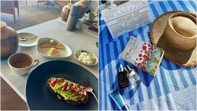 Meanwhile, Manushi also posted aesthetic photos of her breakfast and beach necessities from the Maldives album. For breakfast, she had an avocado toast with cheese and coconut water. As for the beach essentials, the former Miss World carried a straw hat, a novel to read, perfume, sunscreen, and a skin repair serum. (Instagram) Meanwhile, Manushi also posted aesthetic photos of her breakfast and beach necessities from the Maldives album. For breakfast, she had an avocado toast with cheese and coconut water. As for the beach essentials, the former Miss World carried a straw hat, a novel to read, perfume, sunscreen, and a skin repair serum. (Instagram)