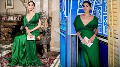 Manushi styled the ensemble with a vintage watch, a dainty bracelet, rings, a clutch, blood-red nails, gold earrings, a side-parted updo, nude lip shade, and minimal glam. (Instagram) Manushi styled the ensemble with a vintage watch, a dainty bracelet, rings, a clutch, blood-red nails, gold earrings, a side-parted updo, nude lip shade, and minimal glam. (Instagram)