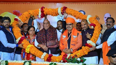 Jaipur: Defence minister and BJP central observer for Rajasthan's Rajnath Singh, Rajasthan BJP president CP Joshi, former Rajasthan CM Vasundhara Raje and newly elected Rajasthan chief minister-designate Bhajan Lal Sharma being garlanded during BJP Legislature Party meeting. (PTI) Jaipur: Defence minister and BJP central observer for Rajasthan's Rajnath Singh, Rajasthan BJP president CP Joshi, former Rajasthan CM Vasundhara Raje and newly elected Rajasthan chief minister-designate Bhajan Lal Sharma being garlanded during BJP Legislature Party meeting. (PTI)