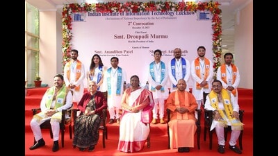 President Droupadi Murmu, UP governor Anandiben Patel and CM Yogi Adityanath with toppers during IIITL convocation. (HT photo) President Droupadi Murmu, UP governor Anandiben Patel and CM Yogi Adityanath with toppers during IIITL convocation. (HT photo)