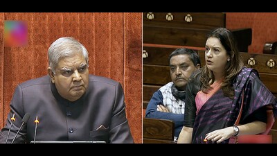 Rajya Sabha chairman Jagdeep Dhankhar listens to Shiv Sena MP Priyanka Chaturvedi in the House during the Winter Session of Parliament, in New Delhi on Tuesday. (ANI)