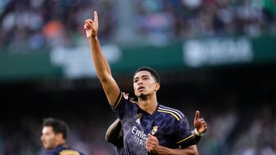 Real Madrid's Jude Bellingham celebrates after scoring the opening goal (AP)