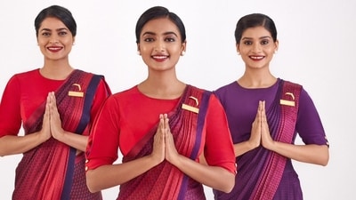 Air India's new uniforms are part of the airline's ongoing efforts to refresh and modernize its image. The female cabin crew's uniform showcases a ready-to-wear ombre saree, adorned with intricate patterns inspired by India's rich architectural heritage, particularly the jharokha style. The design also incorporates elements from the new Air India logo icon, known as the Vista. The saree is complemented by a comfortable blouse and blazer, adding a modern touch to the traditional attire. (Air India) Air India's new uniforms are part of the airline's ongoing efforts to refresh and modernize its image. The female cabin crew's uniform showcases a ready-to-wear ombre saree, adorned with intricate patterns inspired by India's rich architectural heritage, particularly the jharokha style. The design also incorporates elements from the new Air India logo icon, known as the Vista. The saree is complemented by a comfortable blouse and blazer, adding a modern touch to the traditional attire. (Air India)