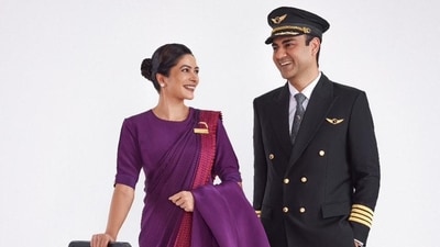 Air India on Tuesday revealed its latest line of uniforms crafted by designer Manish Malhotra. The uniforms are to be worn by both cabin and cockpit crew members. The rollout of these new uniforms will occur gradually in the coming months, commencing with the debut of Air India's inaugural Airbus A350 aircraft. (Air India) Air India on Tuesday revealed its latest line of uniforms crafted by designer Manish Malhotra. The uniforms are to be worn by both cabin and cockpit crew members. The rollout of these new uniforms will occur gradually in the coming months, commencing with the debut of Air India's inaugural Airbus A350 aircraft. (Air India)