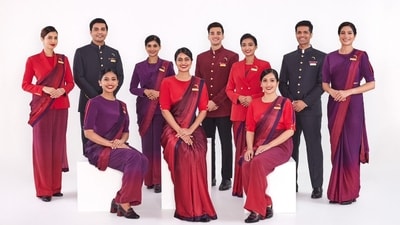 In addition to the uniforms, designer Manish Malhotra has also curated a collection of footwear that seamlessly combines style and comfort, as stated by the airline. The female cabin crew will be donning dual-tone block heels in black and burgundy while their male counterparts will be outfitted with comfortable black Brogues. (Air India) In addition to the uniforms, designer Manish Malhotra has also curated a collection of footwear that seamlessly combines style and comfort, as stated by the airline. The female cabin crew will be donning dual-tone block heels in black and burgundy while their male counterparts will be outfitted with comfortable black Brogues. (Air India)
