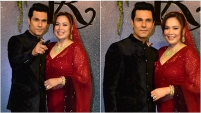 Randeep Hooda and his wife Lin Laishram pose at their star-studded wedding reception. (Instagram/@varinderchawla) Randeep Hooda and his wife Lin Laishram pose at their star-studded wedding reception. (Instagram/@varinderchawla)