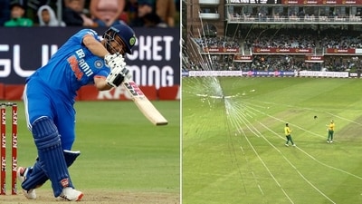 Rinku Singh's six smashed into the glass panel of the media box. (Screengrab-Twitter) Rinku Singh's six smashed into the glass panel of the media box. (Screengrab-Twitter)