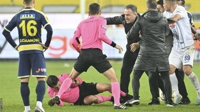 Faruk Koca entered the field and hit referee Halil Umut Meler when the final whistle blew after Rizespor scored a 97th minute equaliser in the 1-1 draw Faruk Koca entered the field and hit referee Halil Umut Meler when the final whistle blew after Rizespor scored a 97th minute equaliser in the 1-1 draw