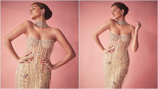 Earlier, Tara had shared a sizzling photoshoot with her Apurva co-star Dhairya Karwa. It shows the two actors striking sensual poses for the camera. While Tara wore a strapless beige ensemble, Dhairya complemented her in a grey suit, black shirt, and matching dress shoes. (Instagram)