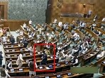 A video grab shows an unidentified man jumping from the visitor's gallery of Lok Sabha. A video grab shows an unidentified man jumping from the visitor's gallery of Lok Sabha.