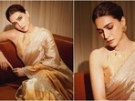 Kriti Sanon wears a gold tissue silk saree for a photoshoot. Kriti Sanon wears a gold tissue silk saree for a photoshoot.