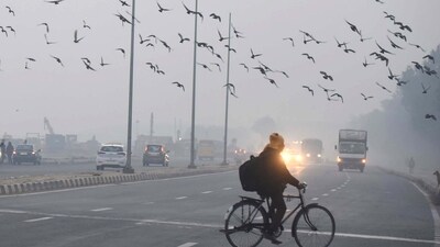People are going to their work amid cold and smoggy weather at South-West Delhi near Samalkha Chowk (HT File Photo/Parveen Kumar)