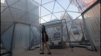 A pollution pod designed to depict the air quality in New Delhi during the COP28 in Dubai. (REUTERS)