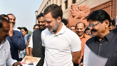 Congress MP Rahul Gandhi at the Parliament House during the Winter Session, in New Delhi on Tuesday. (ANI Photo/Rahul Singh) Congress MP Rahul Gandhi at the Parliament House during the Winter Session, in New Delhi on Tuesday. (ANI Photo/Rahul Singh)
